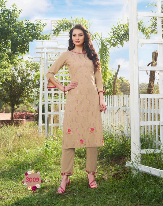 Beige Heavy Rayon Print Kurti With Beige Rayon Pant