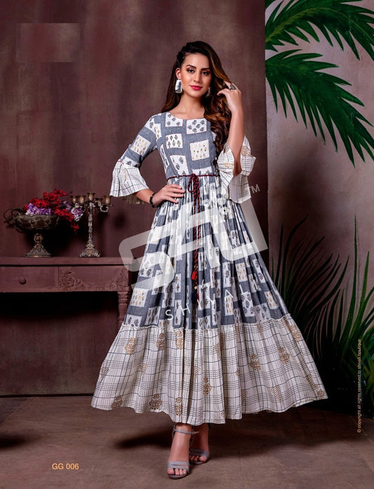 Offwhite Printed Flared Full Length Designer Kurti