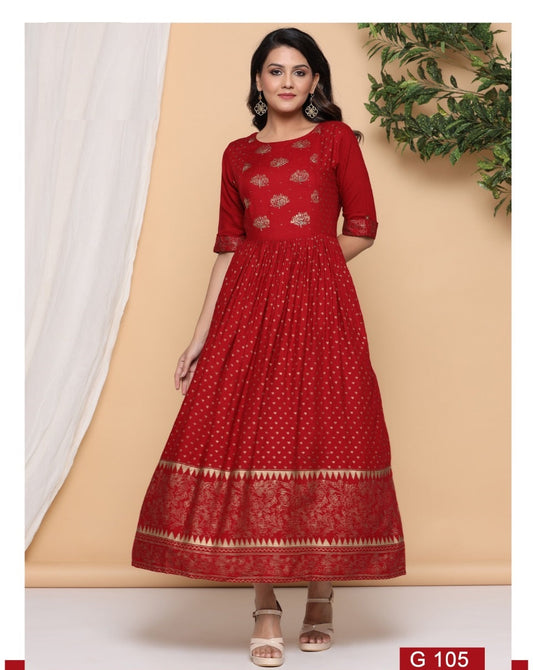 Red Gold Print Flaired Kurti