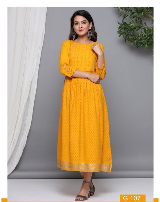 Yellow Gold Print Flaired Kurti