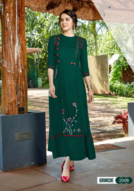 Bottle Green Rayon Print Long Flared Kurti