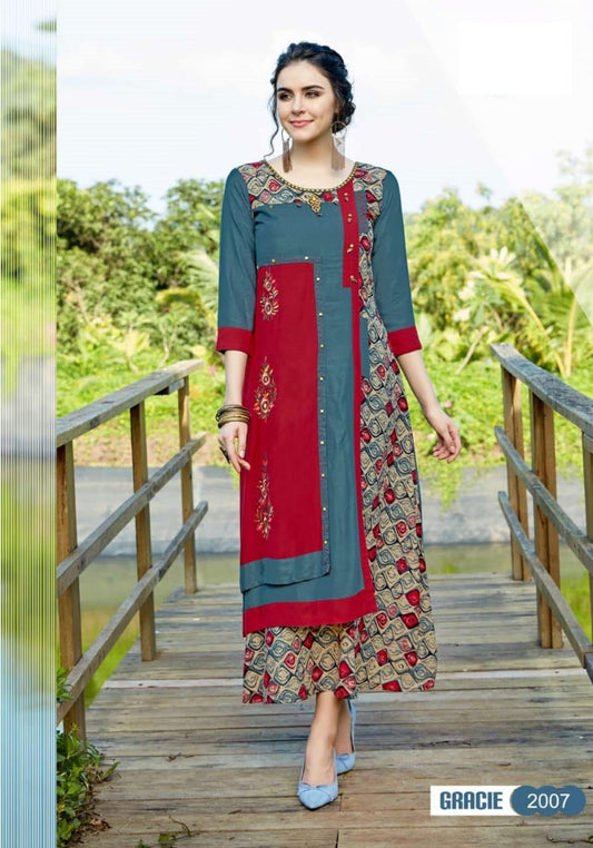 Maroon, Grey and Multicolor Rayon Print Embroidery Work Long Flared Kurti