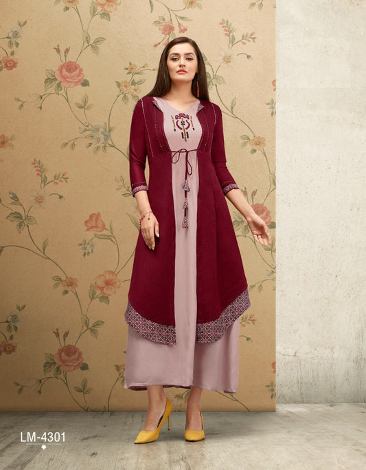 Pink Hand Work long Rayon Kurti With Maroon Cotton Flex Shrug