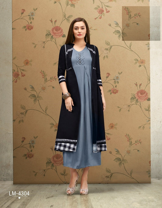 Grey Hand Work long Rayon Kurti With Navy Blue Cotton Flex Shrug