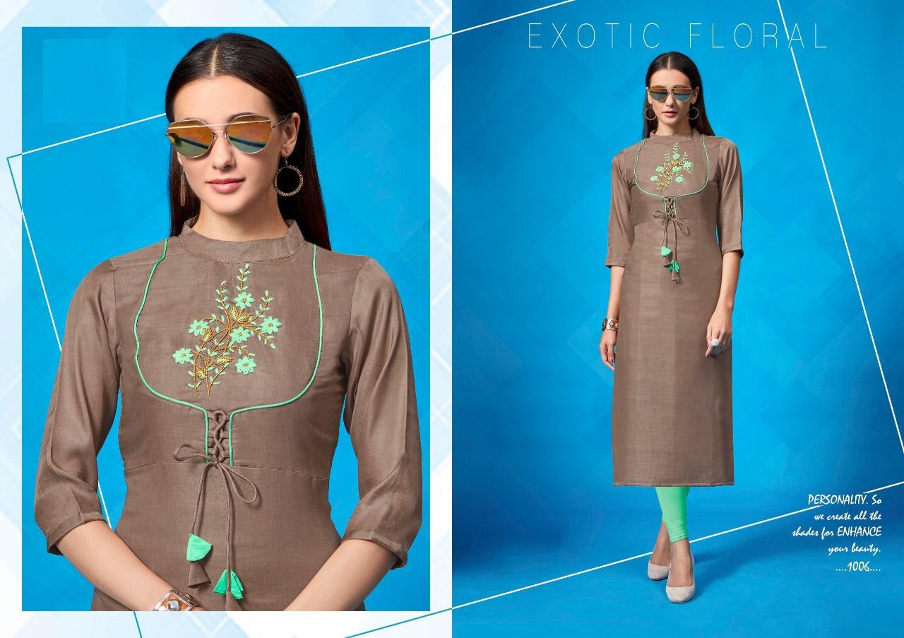 Light Brown Hand Work Remi Satin Kurti