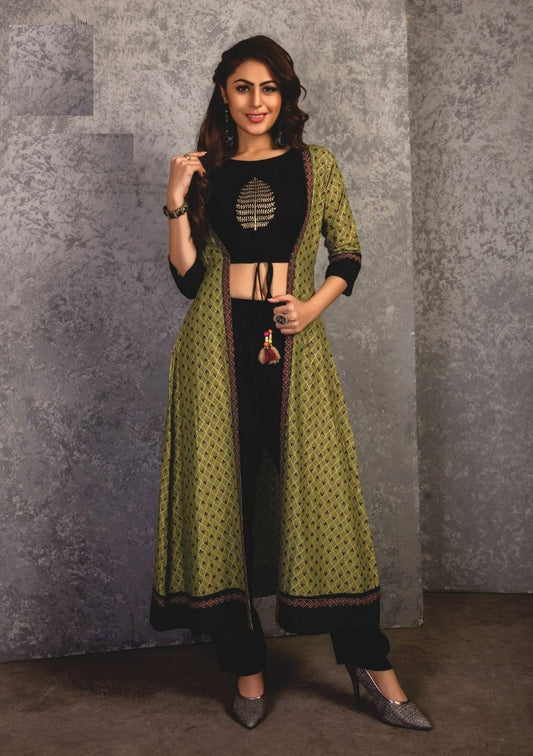 Black Embroidery Work Rayon Crop Top with Palazzo and Printed Full Shrug