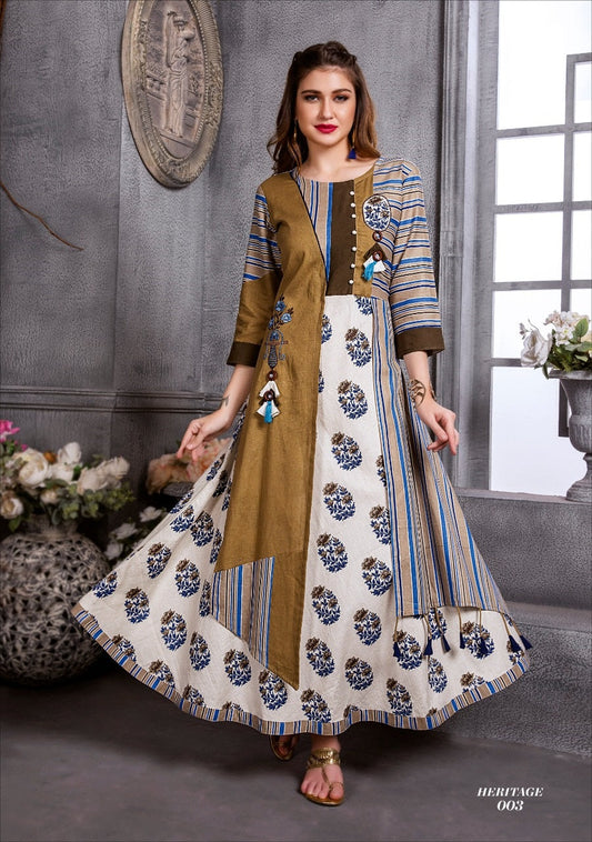 Off White, Brown and Multicolor Long Flared Rayon Fancy Kurti