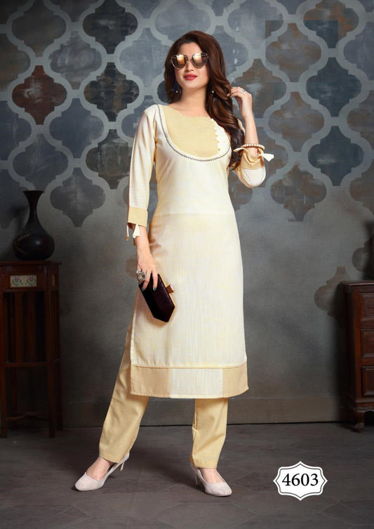 Cream and Beige Heavy South Cotton Kurti with Beige Cotton Pant