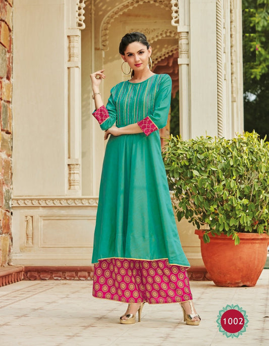 Green and Pink Embroidery Work Two Tone Heavy Rayon Gown Style Kurti
