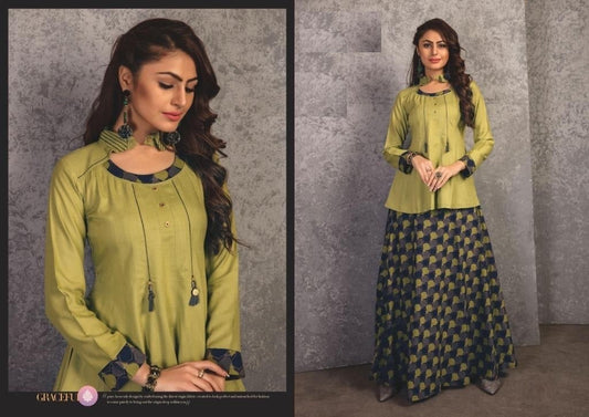 Green Rayon Top with Embroidery Work and Multicolor Skirt