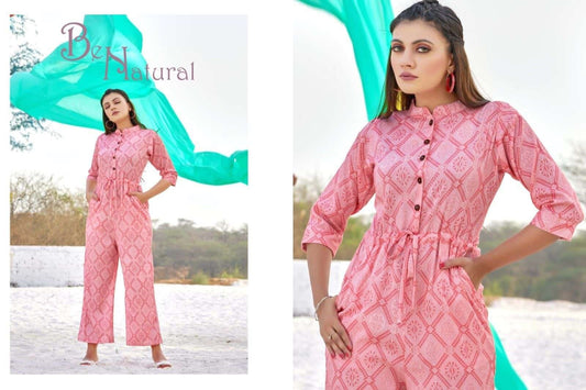 Pink Heavy Rayon Printed Jumpsuit stylish with Chinese collar Front Button with Drawstring Western wear Jumpsuit A455
