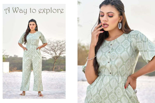 Tea Green Heavy Rayon Printed Jumpsuit Round Neck Front Button With Drawstring Western Wear Jumpsuit A458