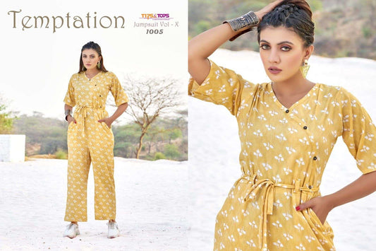 Yellow heavy Rayon Printed Jumpsuit stylish with V- neck Front Button with Drawstring Western wear Jumpsuit A459