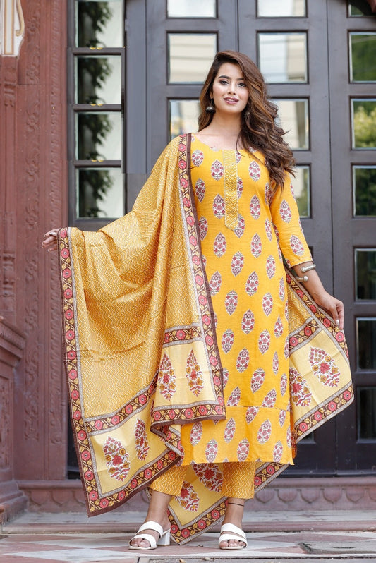 Yellow Printed Readymade 3 Piece Salwar Suit A519