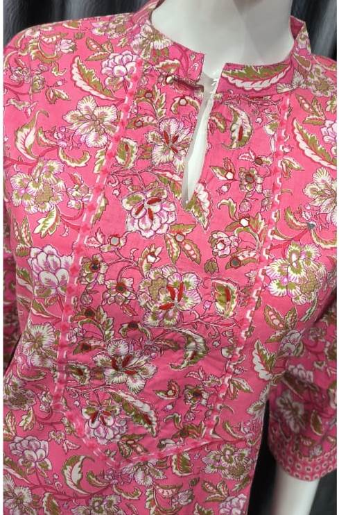 Pink Flower Printed Kurti Pant Set