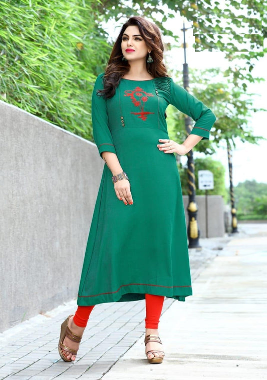 Green Two Tone Heavy Rayon Embroidery work A-line Kurti A504