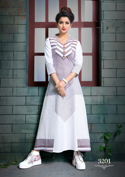 White and Purple South Cotton Long Kurti