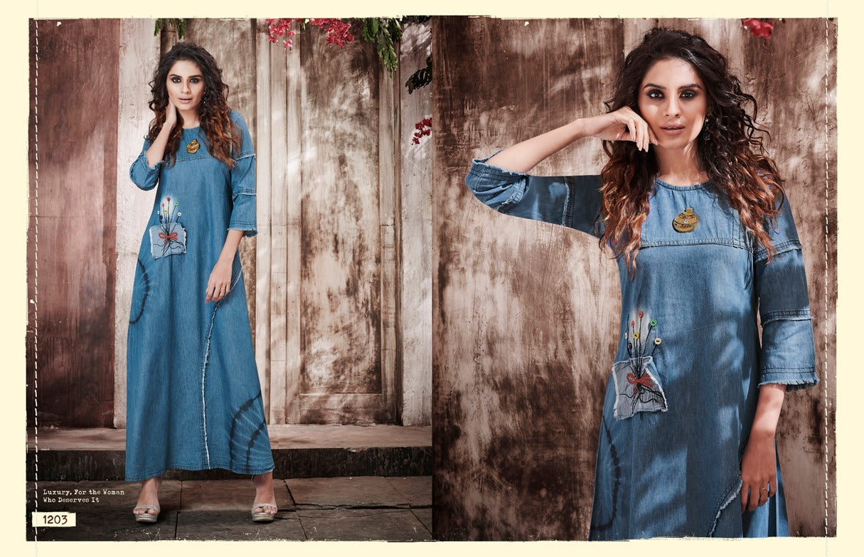 Blue Denim Embroidery Work Long Gown Kurti A509