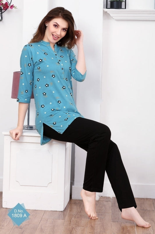 Sky Blue and Black Printed Kurta and pant Cotton Hosiery Nightsuit Set A524