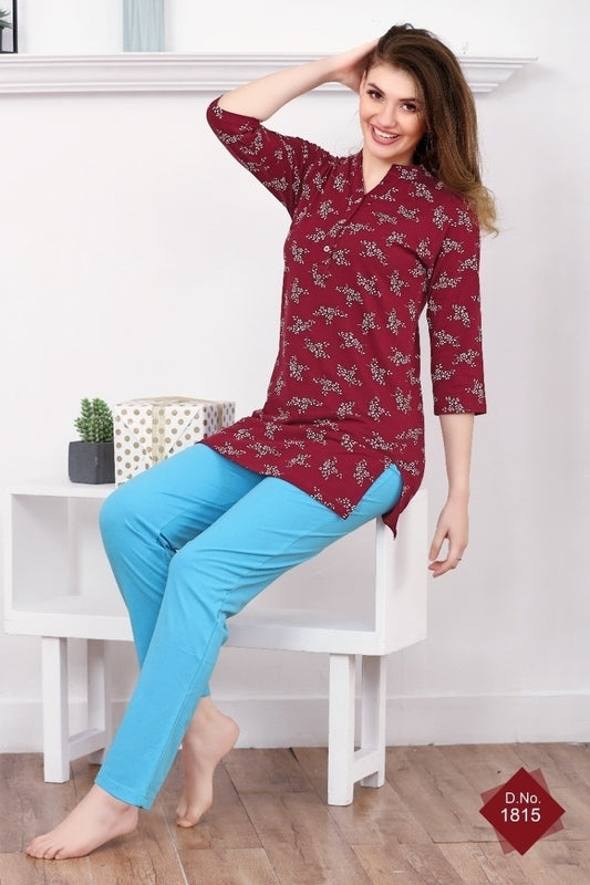 Maroon and Sky blue Printed Kurta and pant Cotton Hosiery Nightsuit Set A526