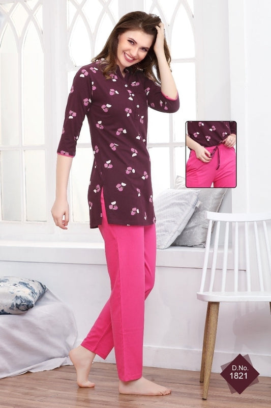 Purple and Baby Pink Printed Kurta and pant Cotton Hosiery Nightsuit Set A527