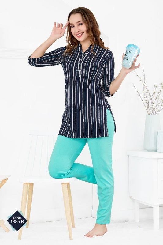 Navy blue Hosiery cotton printed chinese collar kurta with mint blue pajama nightsuit sets A529