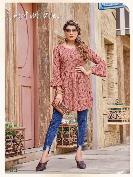 Peach Heavy Rayon Flower Printed fancy Western wear Tunic Top A556