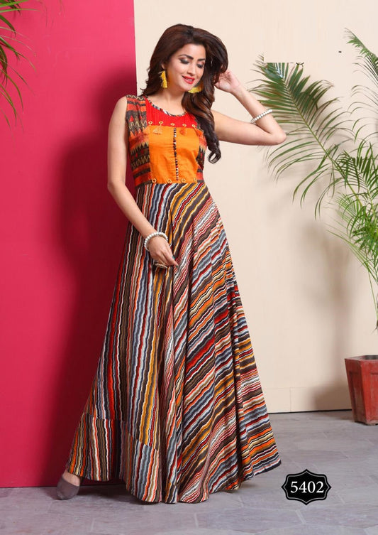 Multicolor Gown Style Rayon Printed Kurti with Foil