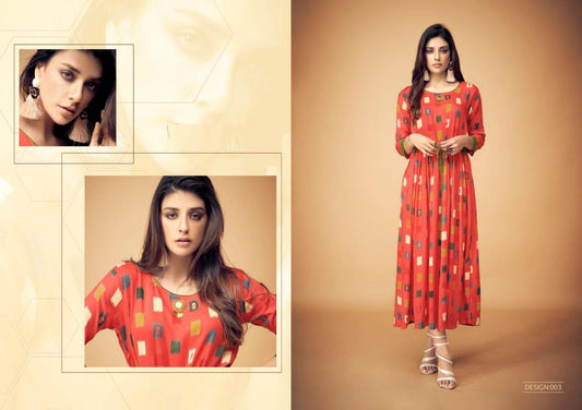 Peach Printed Rayon Long Gown Kurti