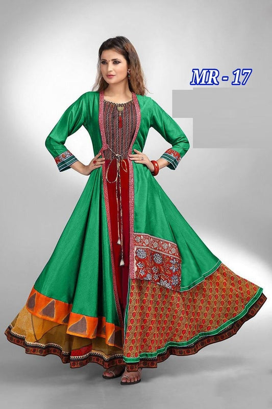 Multicolor Crepe Rayon Long Anarkali Gown Kurti with Long Green and Multicolor Shrug