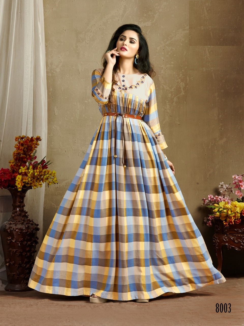 Beige and Multicolor Rayon Dyed Print Embroidery Work Gown Kurti