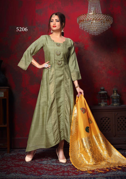 Shiny Khakhi Prime Silk Gown with Jacquard Dupatta