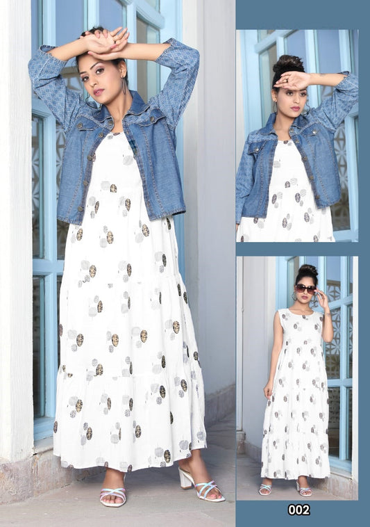 White Long Kurti with Denim Jacket