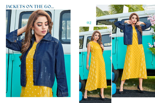 Yellow Long Kurti with Denim Jacket