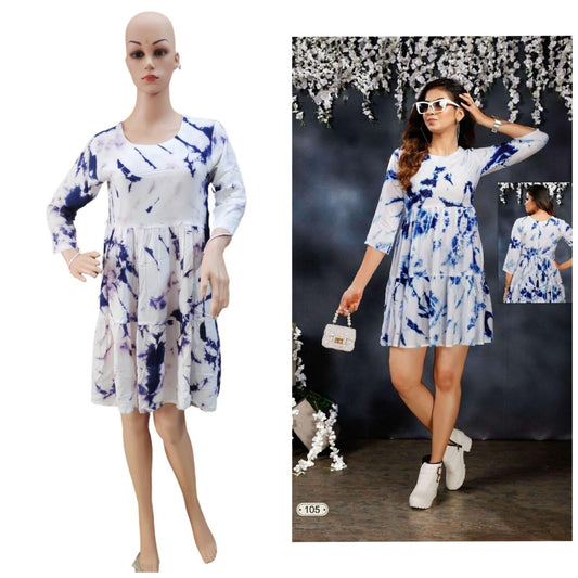 White and Blue Heavy Rayon Siburi Printed Frock Style Short Top A647