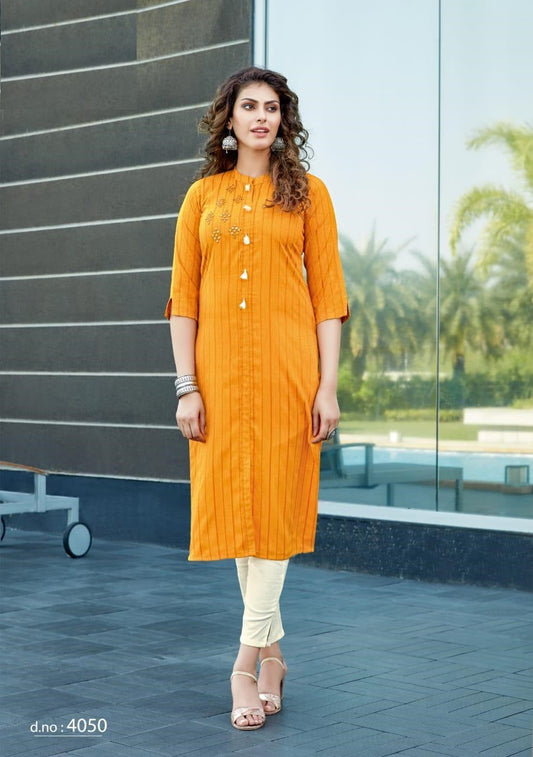 Orange Embroidery Work Rayon Weaving Stripe Kurti with White Side Cut Cotton Pant