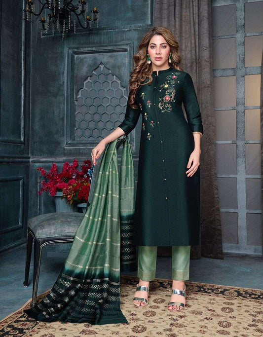 Bottle Green Hand Work Silk Kurti with Light Green Silk Pant and Double Shaded Printed Dupatta A682
