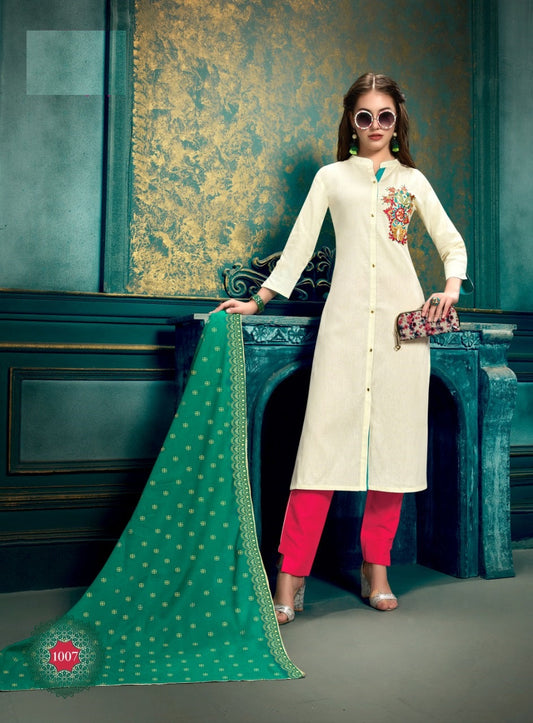 Off White Straight Fit Embroidery Work Cotton Kurti, Pink Pant and Green Cotton Dupatta