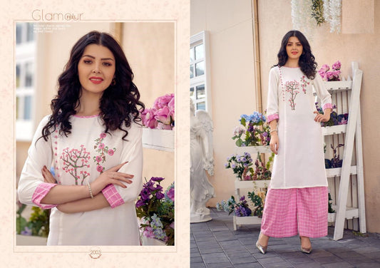 White Cotton Slub Embroidery Work Kurti with Pink Box Print South Cotton Palazzo