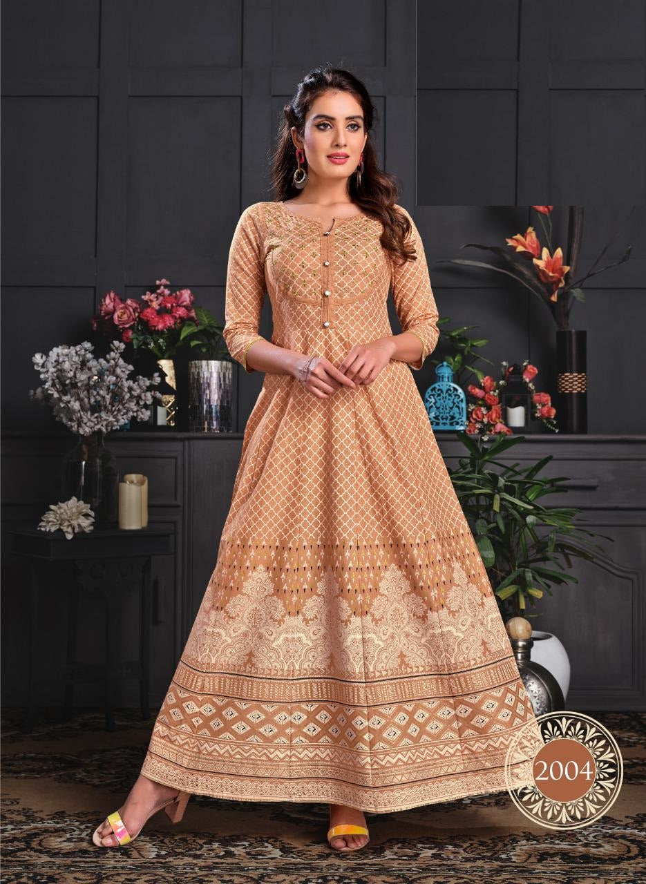 Pink Printed Embroidery Work Rayon Gown Kurti