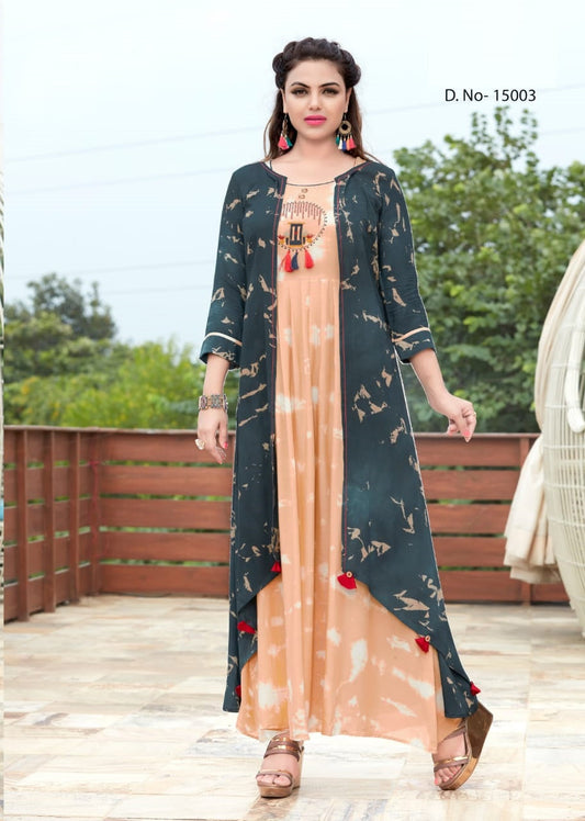 Peach Embroidery Work Rayon Long Gown Kurti with Long Navy Blue Shrug