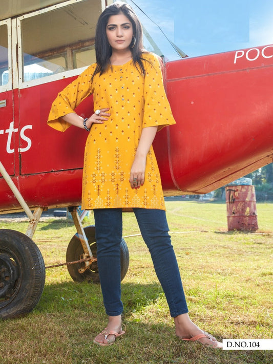 Yellow Rayon Short Kurti with Gold Print