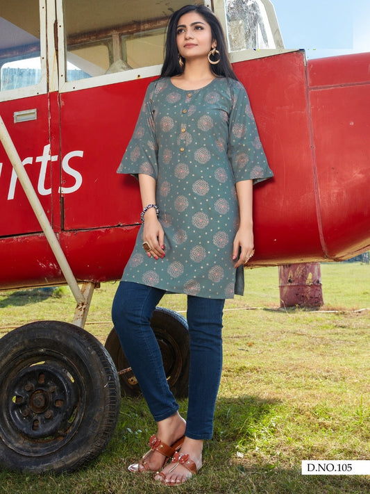 Grey Rayon Short Kurti with Gold Print