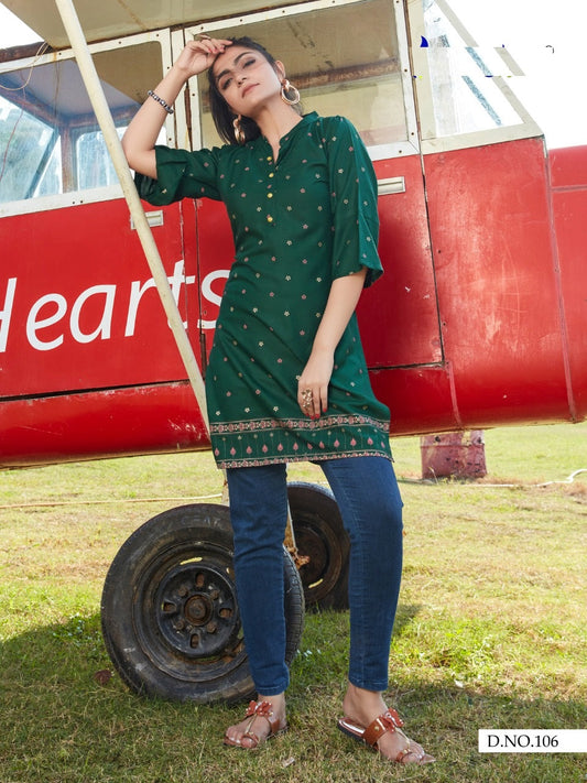 Bottle Green Rayon Short Kurti with Gold Print