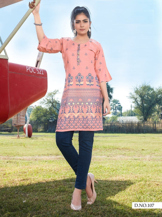 Peach Rayon Short Kurti with Gold Print