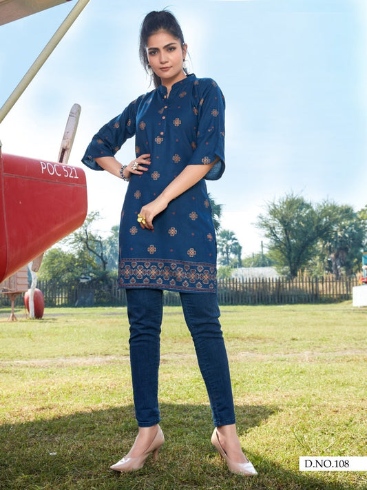 Blue Rayon Short Kurti with Gold Print