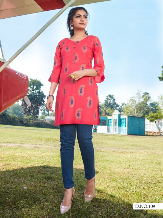 Pink Rayon Short Kurti with Gold Print