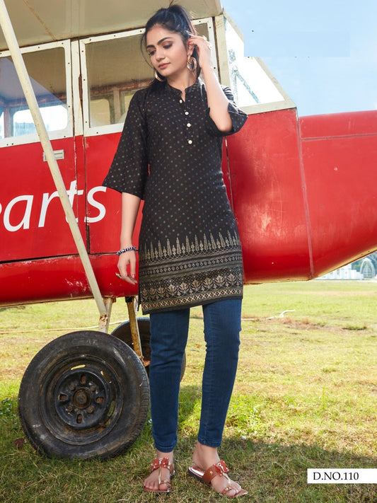 Black Rayon Short Kurti with Gold Print