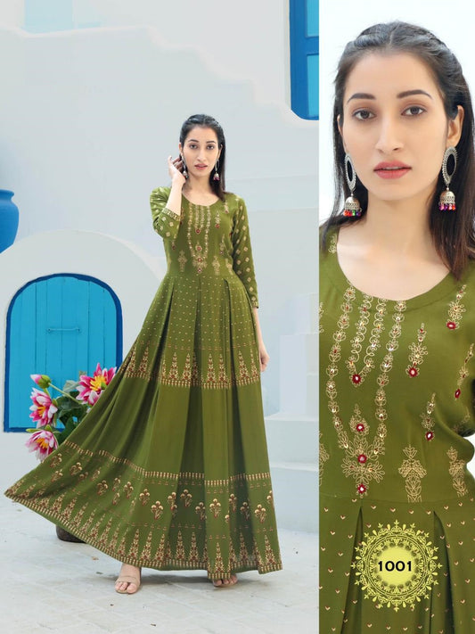Mehandi Rayon Designer Kurti with Manual Work