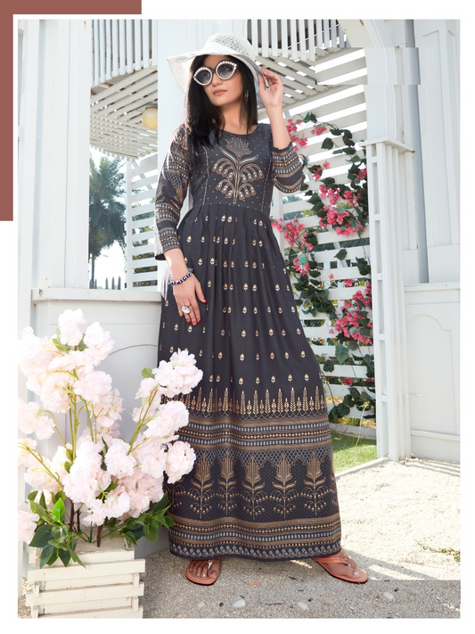 Grey Rayon Beautiful Golden Printed flare Long kurti Gown round neck